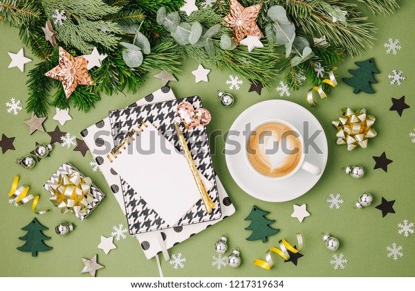 Christmas Composition Coffee Note Book Decorations Stock Photo