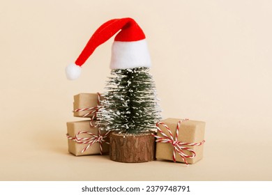 Christmas composition. craft Gift box, small tree, branches and craft DIY decorations on white background. New year concept. Christmas home decoration Flat lay, top view, copy space. - Powered by Shutterstock