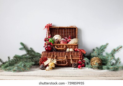 christmas composition christmas decorations in wicker baskets with fir tree branches on wooden background - Christmas Basket Decorations christmas composition christmas decorations in wicker baskets with fir tree branches on wooden background - Christmas Basket Decorations