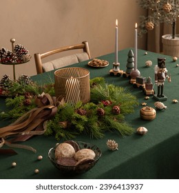 Christmas composition of dining room interior with family table, christmas tree, furniture, decoration, stars, gifts, accessories, deer, candlestick, candle and hanging wreath. Home decor. Template.	