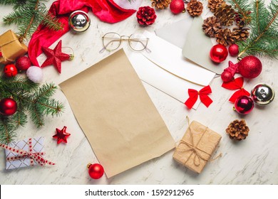 Christmas composition with empty paper sheet on white background