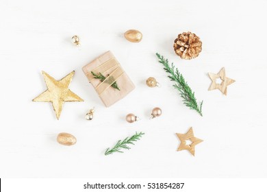 Christmas composition. Gift, christmas decoration, cypress branches, pine cones. Flat lay, top view - Powered by Shutterstock