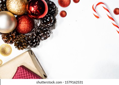 Christmas composition. Gifts, red decorations on white background. Christmas, winter, new year concept. top view, copy space.