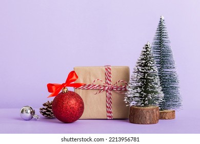 Christmas Composition. Gifts, Small Tree, Branches And Craft DIY Decorations On White Background. New Year Concept. Christmas Home Decoration Flat Lay, Top View, Copy Space.