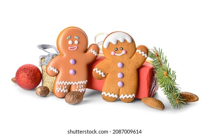 Christmas composition with gingerbread cookies and gifts on white background - Powered by Shutterstock