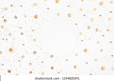 Christmas Composition. Christmas Golden Decorations On White Background. Flat Lay, Top View, Copy Space