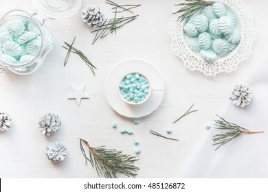 Christmas Composition. Hot Chocolate With Marshmallow On White Background. Christmas, Winter Concept. Top View, Flat Lay