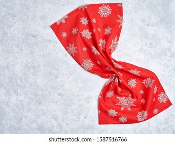 Christmas Composition. Christmas Kitchen Cloth Napkin On White Background With Copy Space Flat Lay, Top View