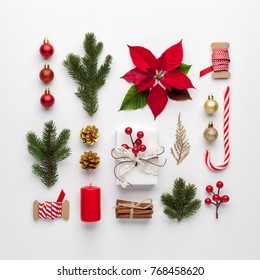 Christmas Composition Made Of Christmas Decoration On White Background. Flat Lay, Top View.