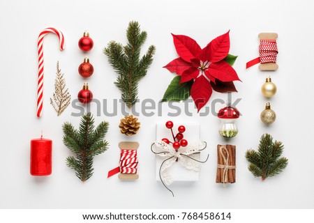 Christmas composition made of christmas decoration on white background. Flat lay, top view.