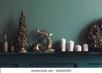 Christmas Composition On The Shelf In The Living Room Interior. Beautiful Decoration. Christmas Trees, Candles, Stars, Light And Elegant Accessories. Merry Christmas And Happy Holidays, Template. 