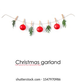 Christmas composition on a white background. Sisal string, fir twigs, Christmas balls, place for your advertisement or text. Wooden laundry clips. copy space, top view, flat photo. December day and Ch - Shutterstock ID 1547970986