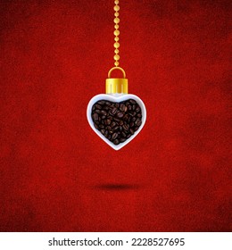 Christmas composition. Ornament made of white heart shaped bow with coffee beans on red table background. Flat lay, top view, copy space. New Year sale card. Coffee lovers. Merry Christmas. - Powered by Shutterstock