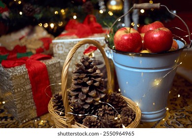 Christmas composition with red apples, gifts and gingerbread. Christmas in retro style. Vintage decoration. Cozy interior.                    - Powered by Shutterstock