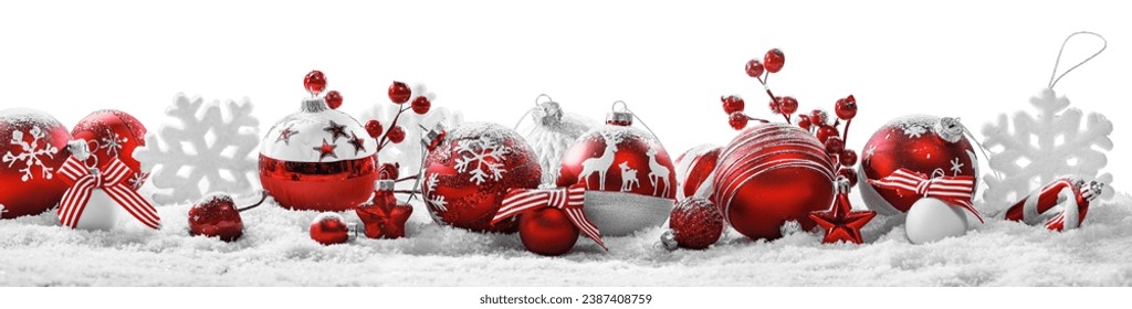 Christmas composition with red balls, stars and snowflakes isolated on white background - Powered by Shutterstock