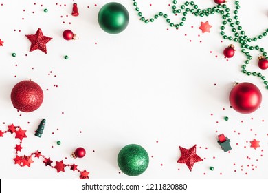 Christmas composition. Christmas red and green decorations on white background. Flat lay, top view, copy space - Powered by Shutterstock