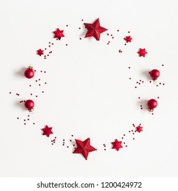 Christmas Composition. Christmas Wreath On White Background. Flat Lay, Top View, Copy Space, Square