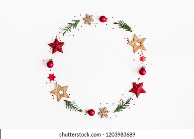 Christmas Composition. Christmas Wreath On White Background. Flat Lay, Top View, Copy Space