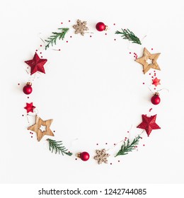 Christmas Composition. Christmas Wreath On White Background. Flat Lay, Top View, Copy Space, Square