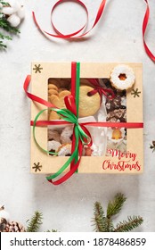 Christmas Concept With Handmade Cookies And Gift Box, Selective Focus Image And Top Down View