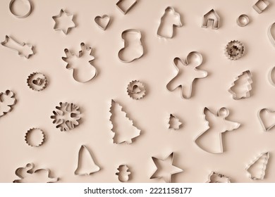 Christmas cookie cutters background. Festive baking, xmas homemade biscuits, recipes for holidays concept  - Powered by Shutterstock