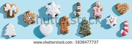Christmas cookie pattern. Blue seamless background. Winter holidays dessert ornament. Gingerbread biscuit collection creative arrangement isolated on light.