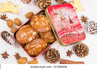 Christmas Cookies With Almond Nuts And Ginger In Tin Box, Holiday Concept