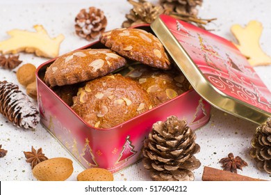 Christmas Cookies With Almond Nuts And Ginger In Tin Box, Holiday Concept