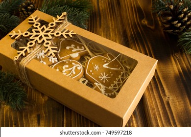 Christmas Cookies In The Box On The Wooden Background