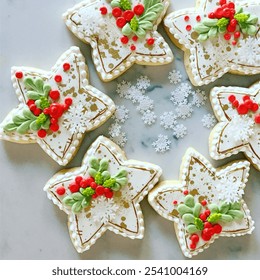 Christmas cookies of the decorated sugar cutout star.  Piped with royal icing.  Edible art. - Powered by Shutterstock