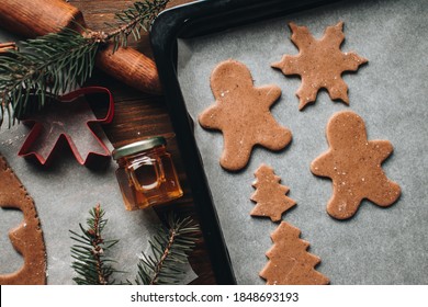 Christmas cookies. Making gingerbread cookies for Holidays. Gingerbread dough. Christmas Baking background. Form for cutting gingerbread. Merry Christmas and Happy Holidays. 