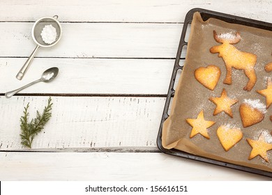 Christmas Cookies On A Baking Tray - Rural Kitchen Background With Free Text Space