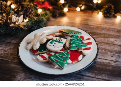 Christmas cookies on sheet or plate with golden lights on rustic table. Baking traditional snowman, tree, star cookies and santa hat	 - Powered by Shutterstock