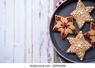 Christmas Cookies On Wooden Background, Overhead View