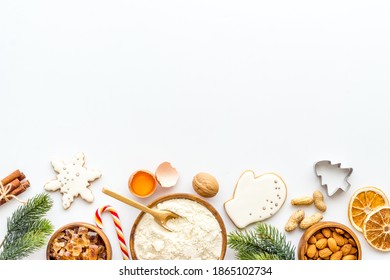 Christmas Cooking Background With Gingerbread Cookies, Overhead View, Flat Lay