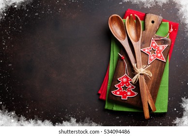 Christmas Cooking Table And Utensils. Top View With Copy Space For Your Text