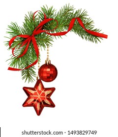 Christmas Corner Arrangement With Pine Twigs, Decorations And Red Silk Ribbon Bow Isolated On White Background