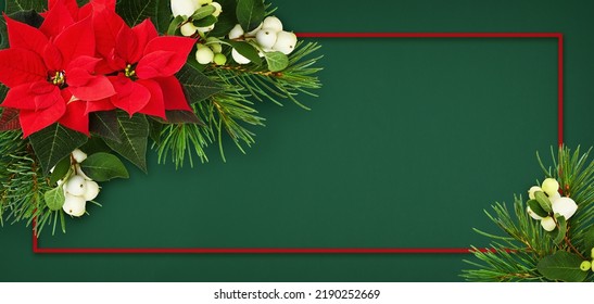 Christmas Corner Floral Arrangements With Poinsettia Flowers And Red Frame On Green Background. Flat Lay. Top View. Holiday Card. 