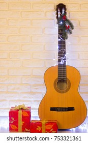 Christmas Country Music Background With Guitar On White For Text