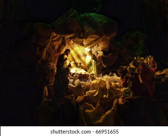 Christmas Crib Figures Representing Holy Family, Three Wisemen And Shepherds