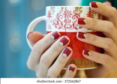 Christmas Cup And Red Nails