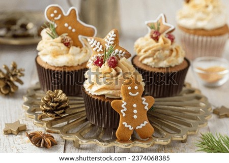 Christmas  cupcakes with gingerbread  cookies, Festive Christmas and New Year baking idea for holidays