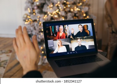 Christmas Day Virtual Meeting Team Teleworking. Family Video Call Remote Conference. Laptop Webcam Screen View. Diverse Portrait Headshots Meet Working From Their Home Offices. Happy Hour Party Online