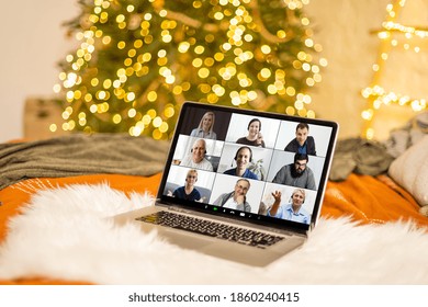 Christmas Day Virtual Meeting Team Teleworking. Family Video Call Remote Conference. Laptop Webcam Screen View. Diverse Portrait Headshots Meet Working From Their Home Offices. Happy Hour Party Online