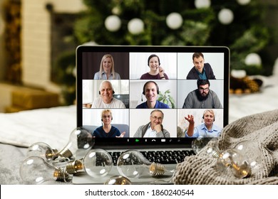 Christmas Day Virtual Meeting Team Teleworking. Family Video Call Remote Conference. Laptop Webcam Screen View. Diverse Portrait Headshots Meet Working From Their Home Offices. Happy Hour Party Online