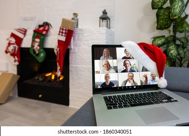 Christmas Day Virtual Meeting Team Teleworking. Family Video Call Remote Conference. Laptop Webcam Screen View. Diverse Portrait Headshots Meet Working From Their Home Offices. Happy Hour Party Online