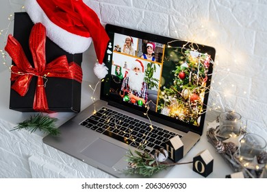 Christmas Day Virtual Meeting Team Teleworking. Family Video Call Remote Conference. Laptop Webcam Screen View. Diverse Portrait Headshots Meet Working From Their Home Offices. Happy Hour Party Online