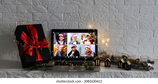 Christmas Day Virtual Meeting Team Teleworking. Family Video Call Remote Conference. Laptop Webcam Screen View. Diverse Portrait Headshots Meet Working From Their Home Offices. Happy Hour Party Online