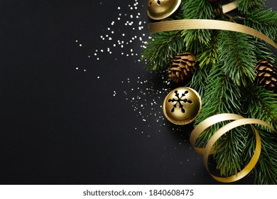 Christmas Deco With Fir And Baubles On Dark Background. Flat Lay. Christmas Concept 