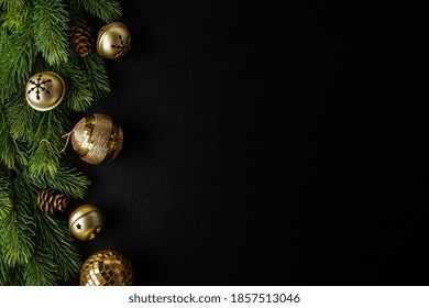 Christmas Deco With Fir And Baubles On Dark Background. Flat Lay. Christmas Concept 